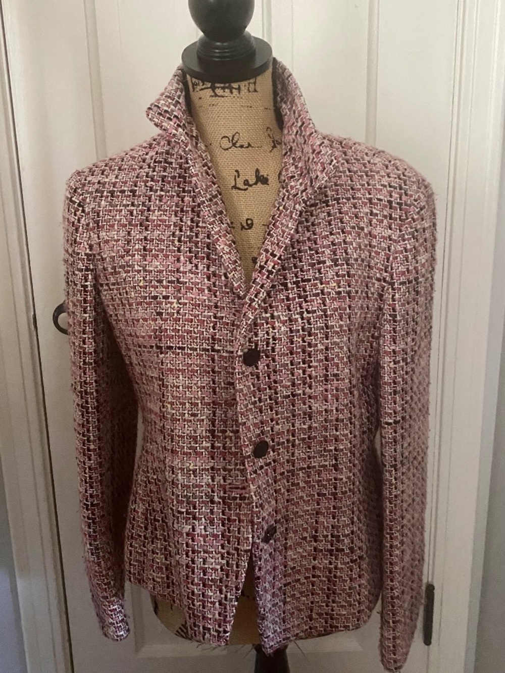 Pink Tweed Blazer. Jones' Women's Jacket Acrylic Blend. 10P